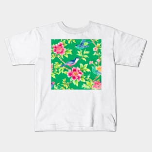 Chinoiserie flowers and birds on emerald green Kids T-Shirt